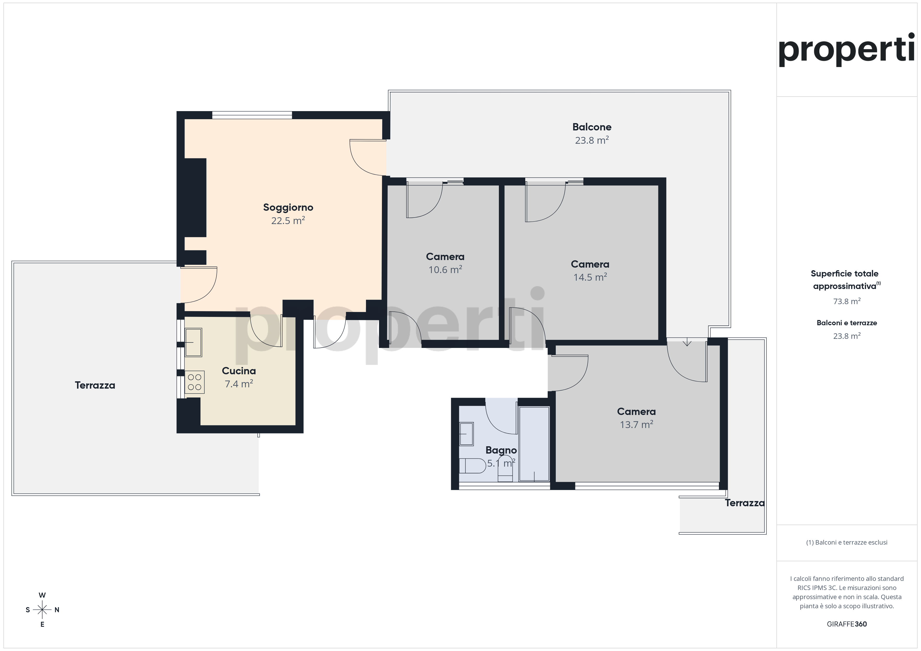 Grundriss einer Wohnung mit Balkon und Terrasse