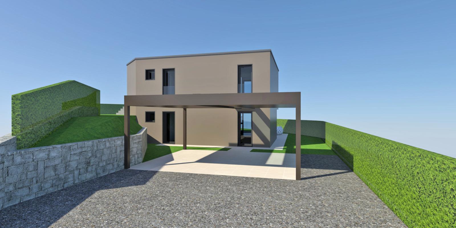 Moderne Neubau-Ansicht mit Einfahrt und Pergola