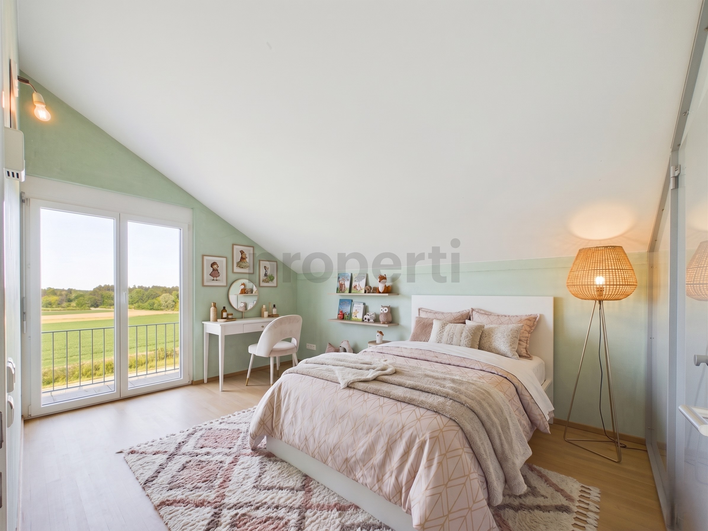 Helles Dachgeschoss-Schlafzimmer mit Balkonblick