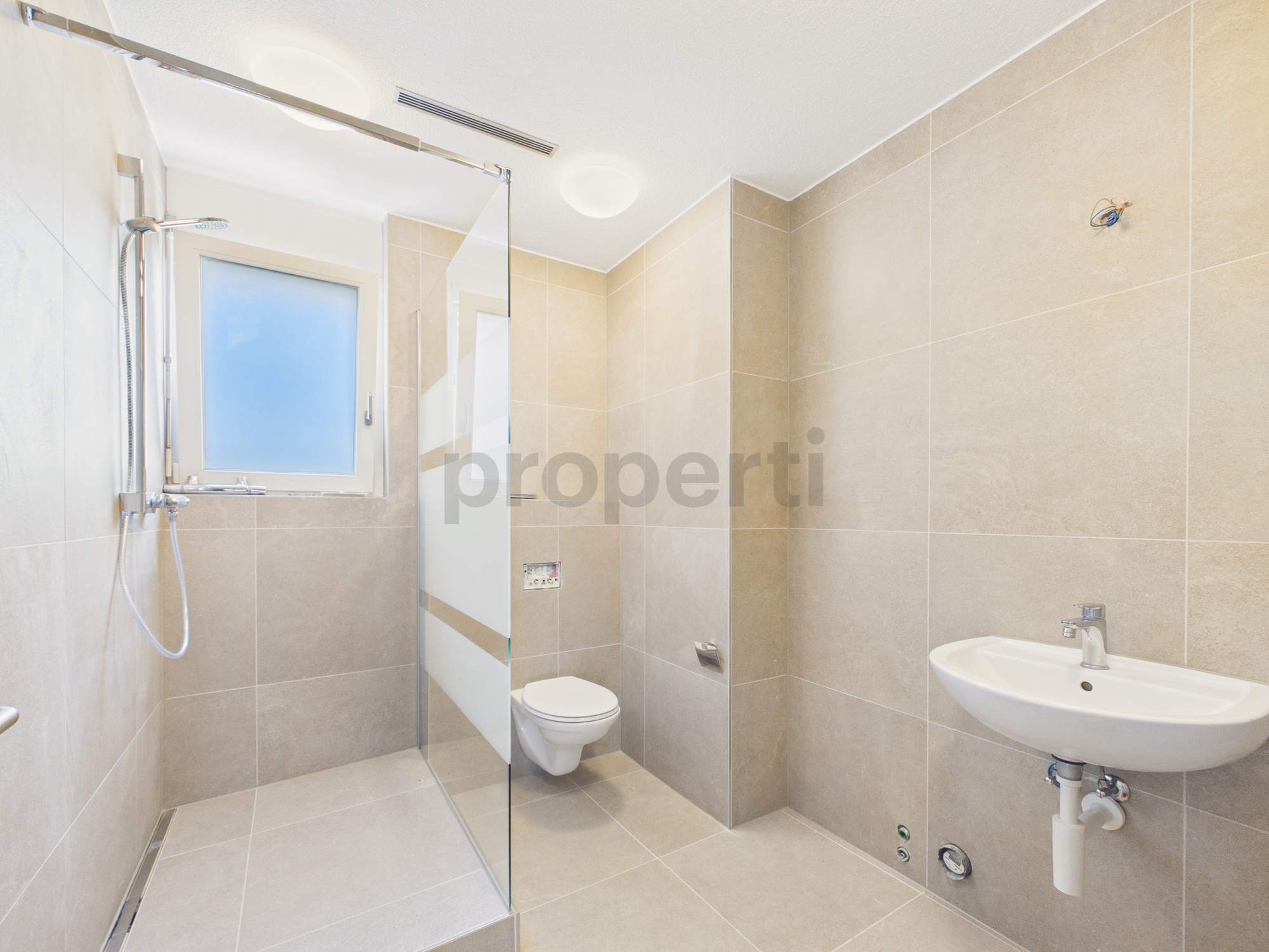 Modernes Bad mit begehbarer Dusche, WC und Waschbecken