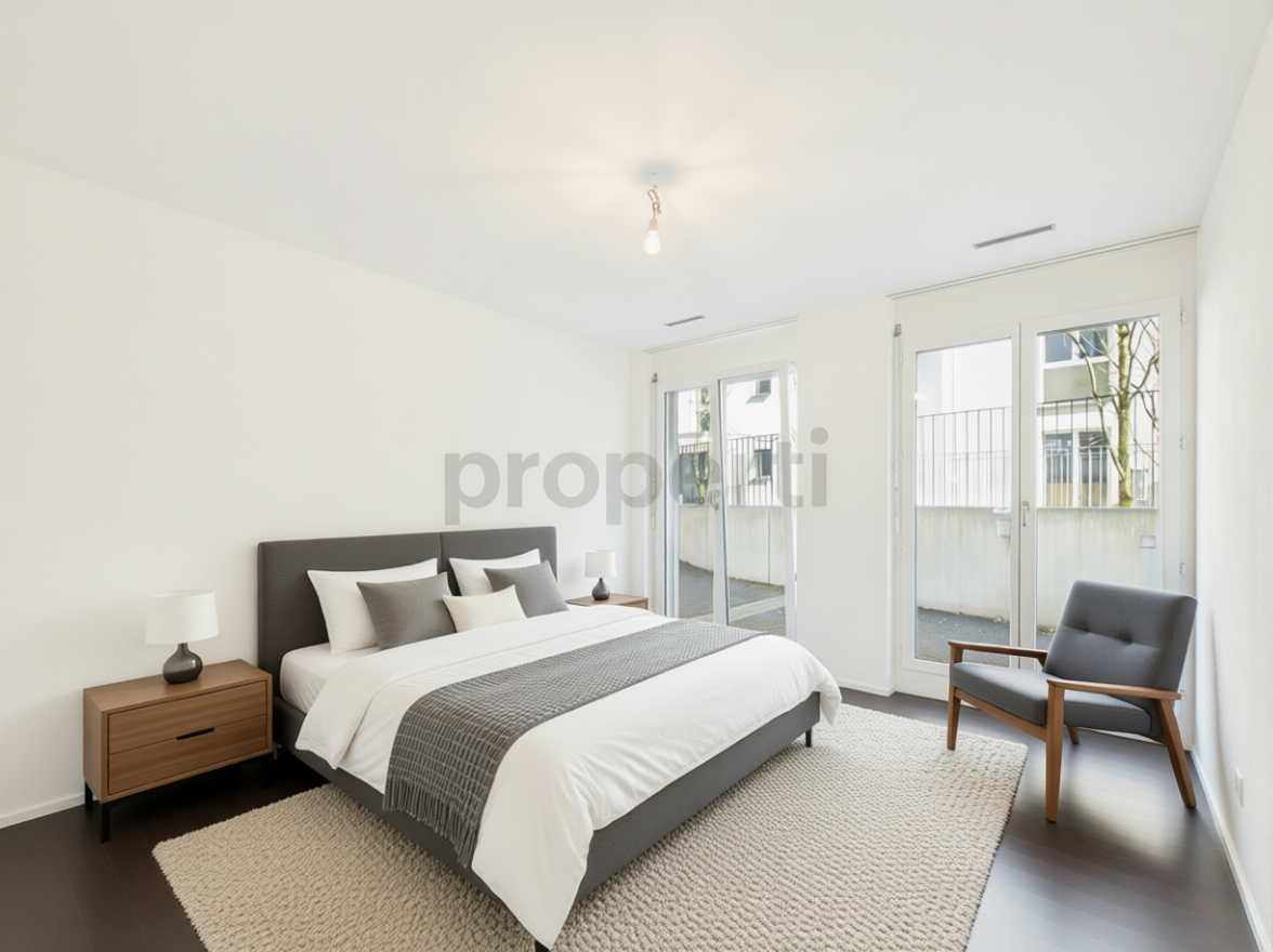 Helles Schlafzimmer mit großer Fensterfront
