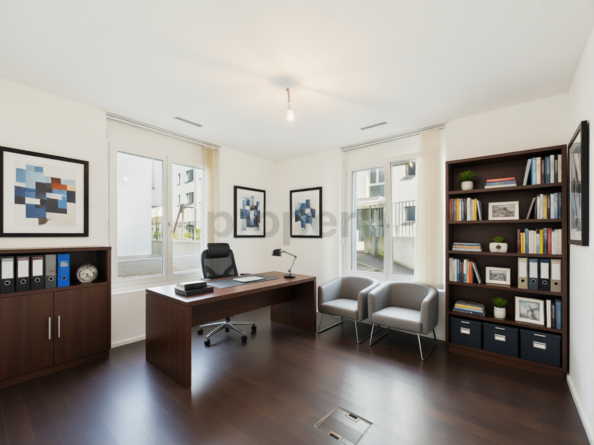Modernes Homeoffice mit dunklem Holzboden