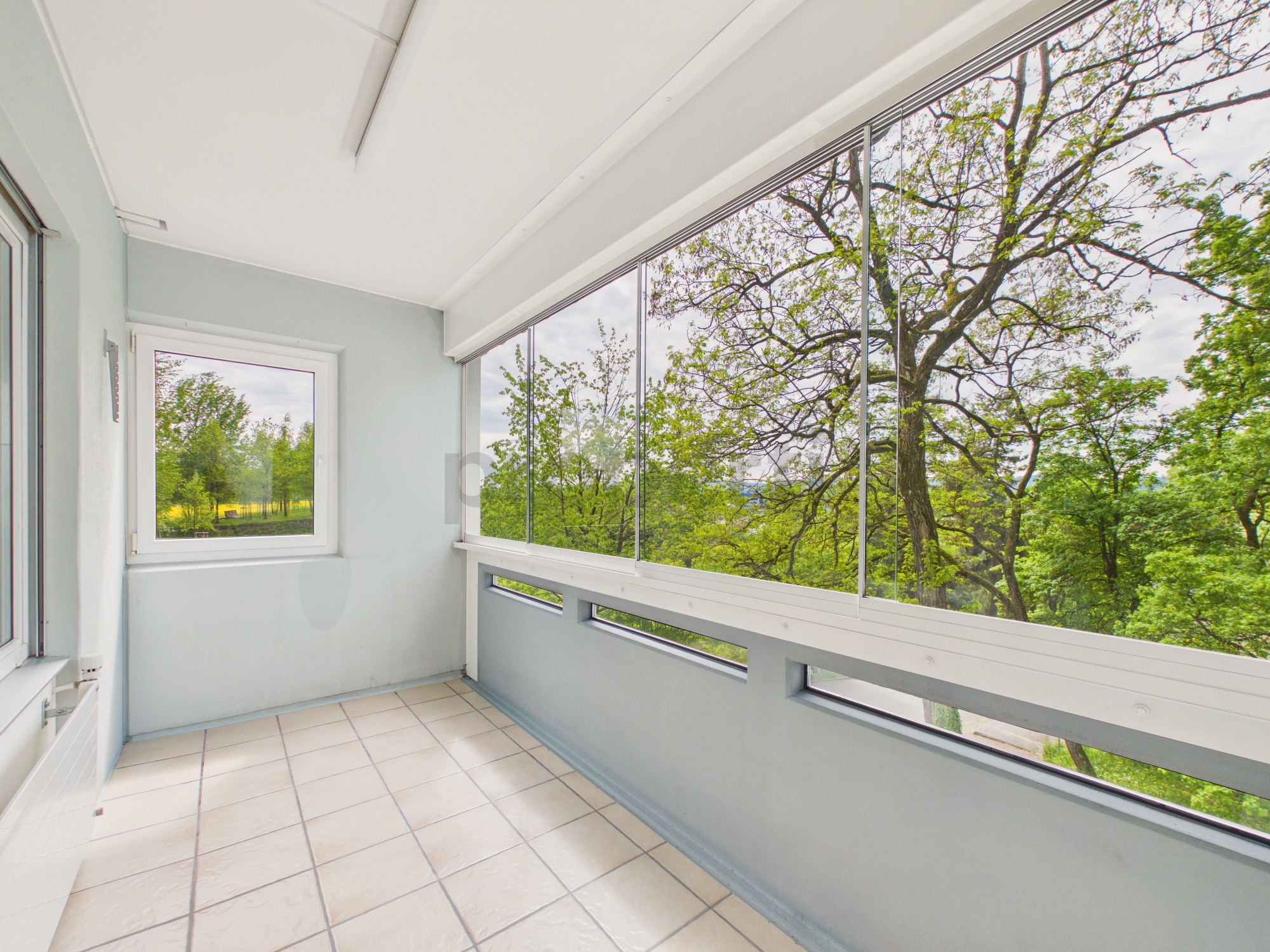 Verglaster Wintergarten mit Ausblick ins Grüne