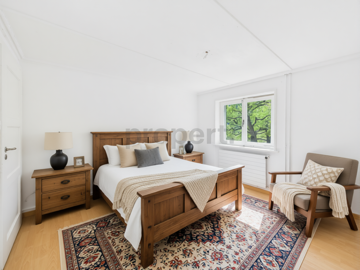 Helles Schlafzimmer mit klassischem Holzbett