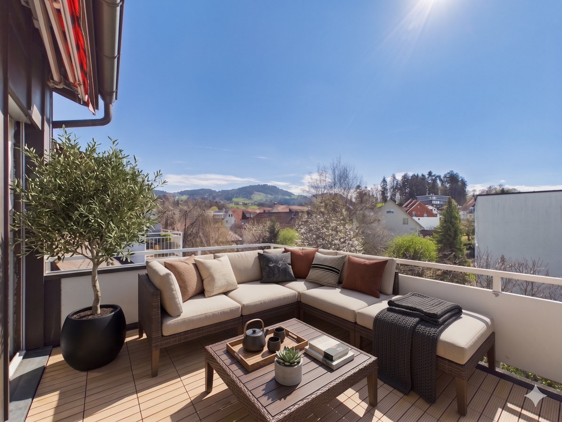 Balkon mit Lounge-Möbeln und Bergblick