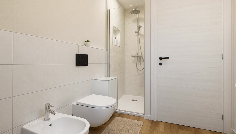 Modernes Badezimmer mit begehbarer Dusche und Wand-WC