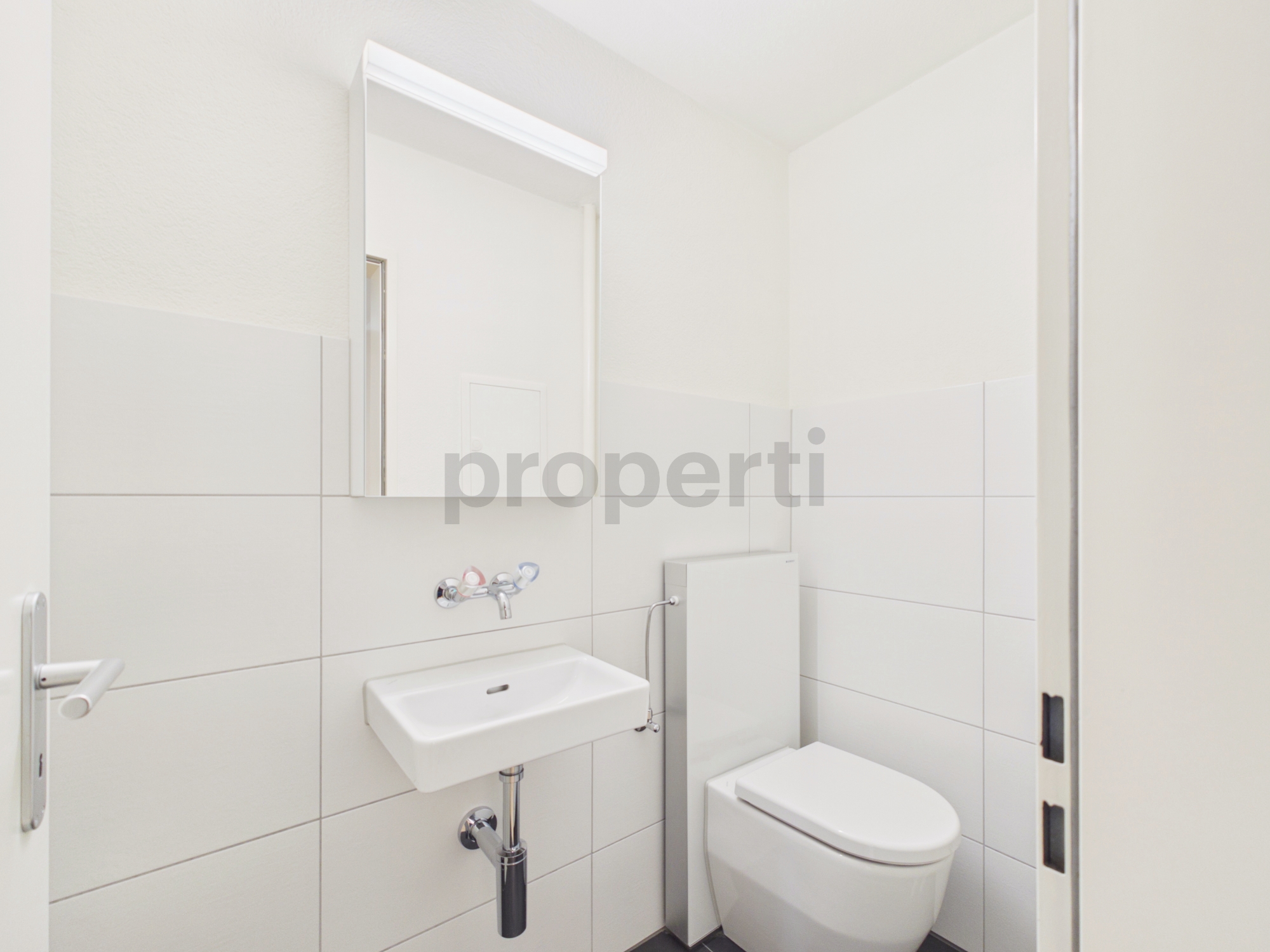 Helles Gäste-WC mit Wand-WC und Handwaschbecken
