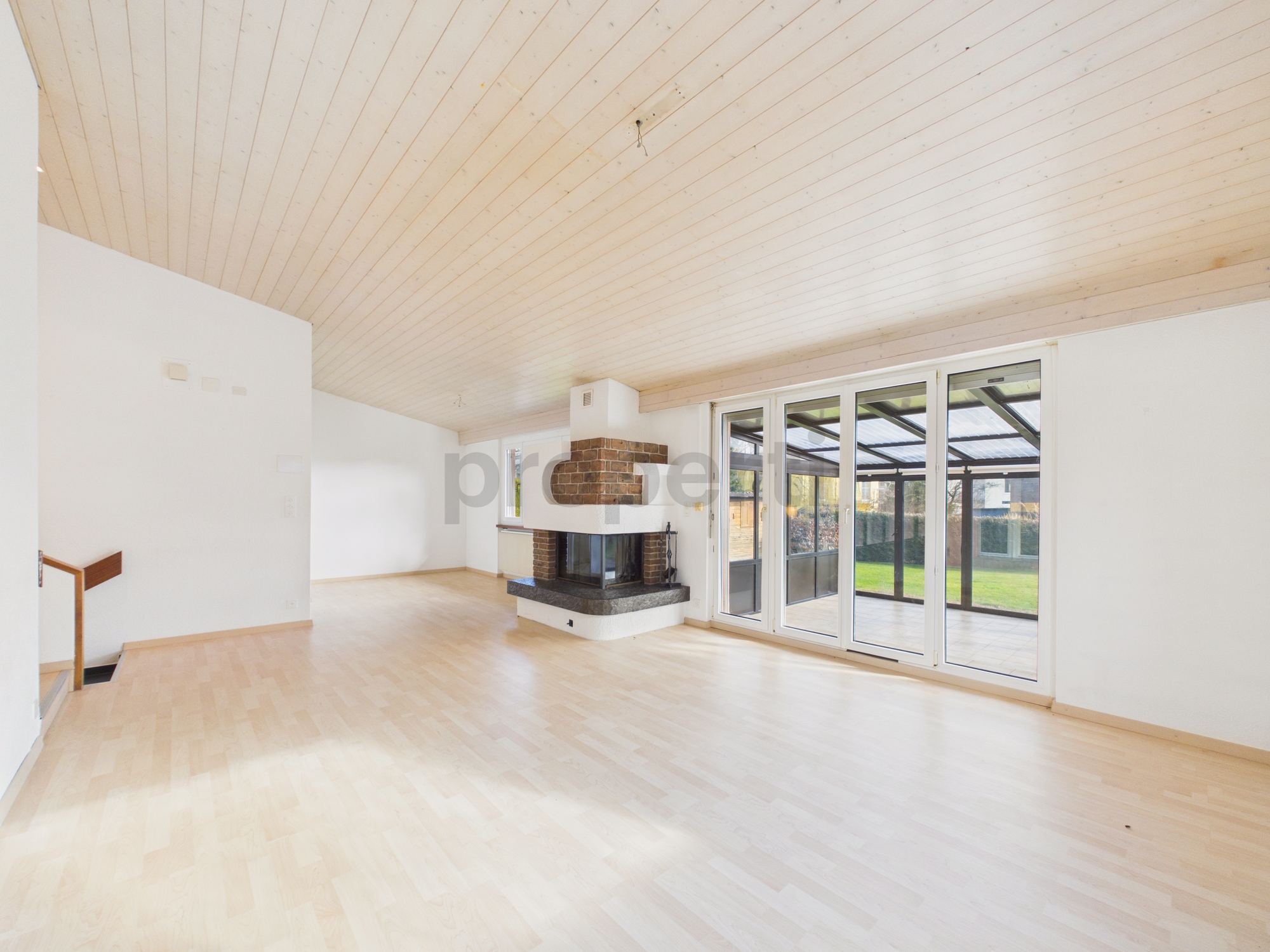 Heller Wohnraum mit Kamin und Wintergartenblick