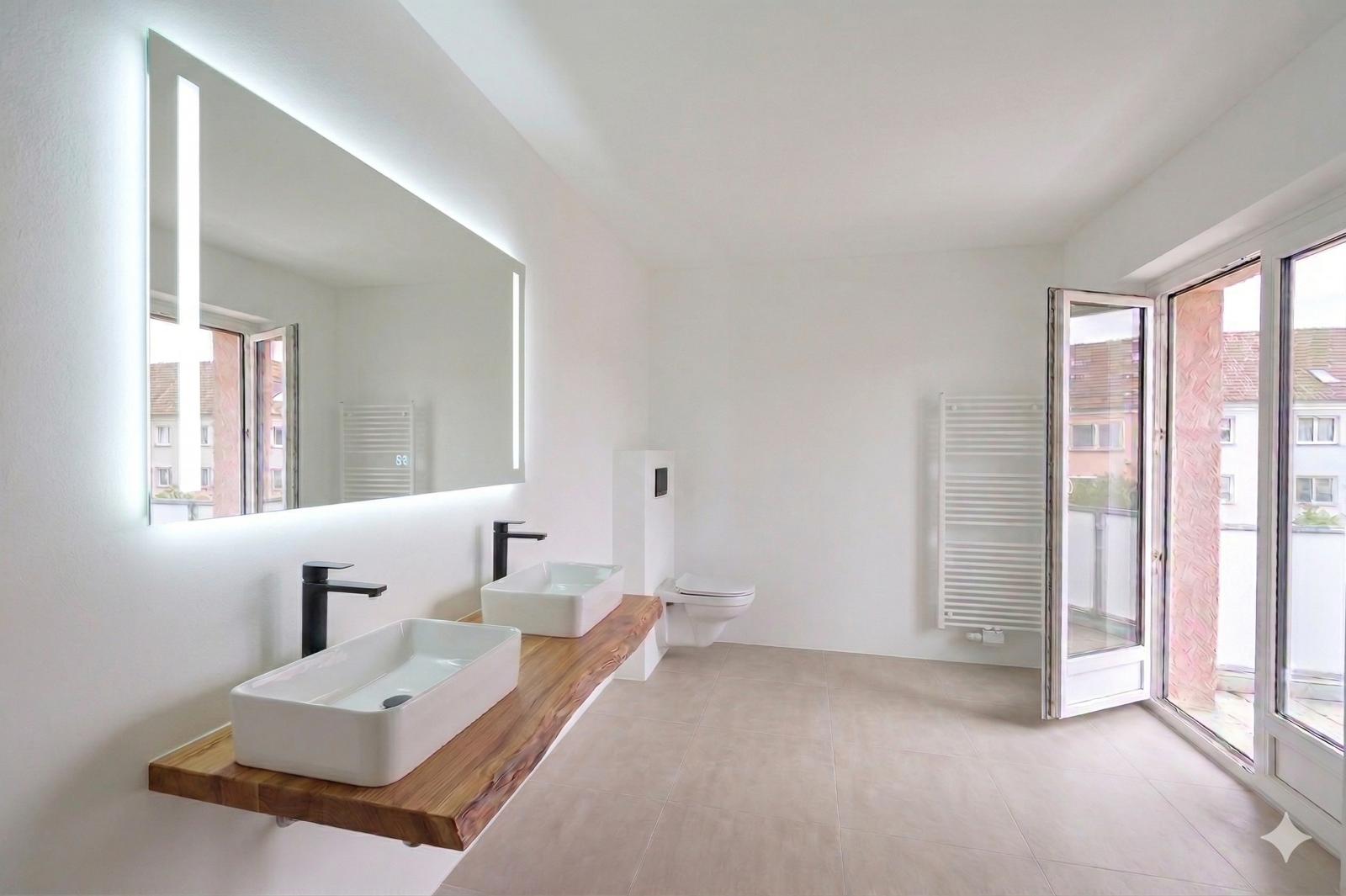 Modernes Badezimmer mit Doppelwaschbecken und Balkonfenstern