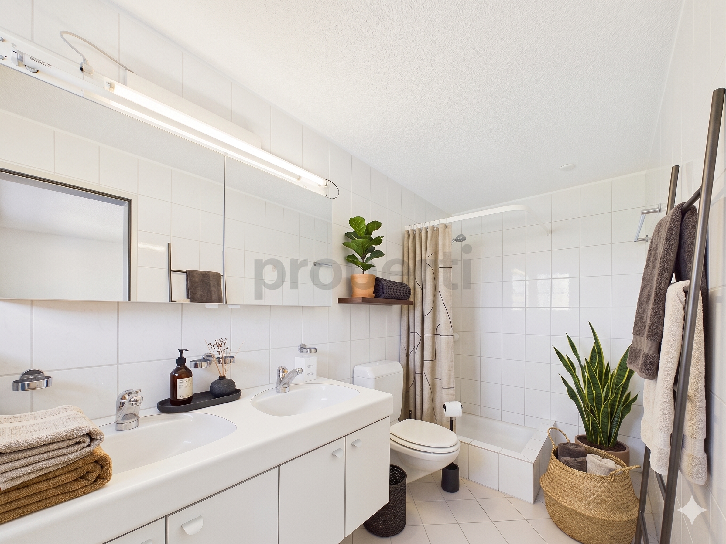 Helles, modernes Badezimmer mit Doppelwaschtisch