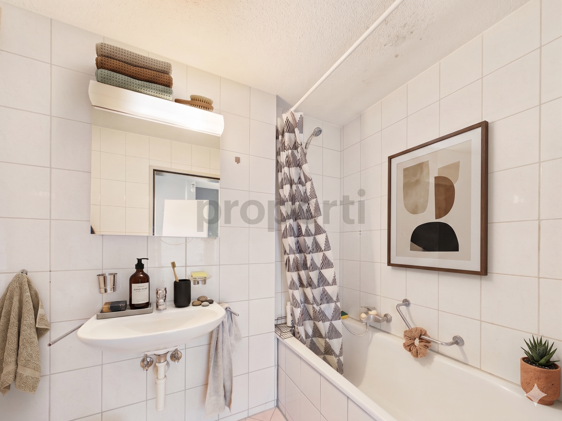 Helles Badezimmer mit Badewanne und Waschbecken