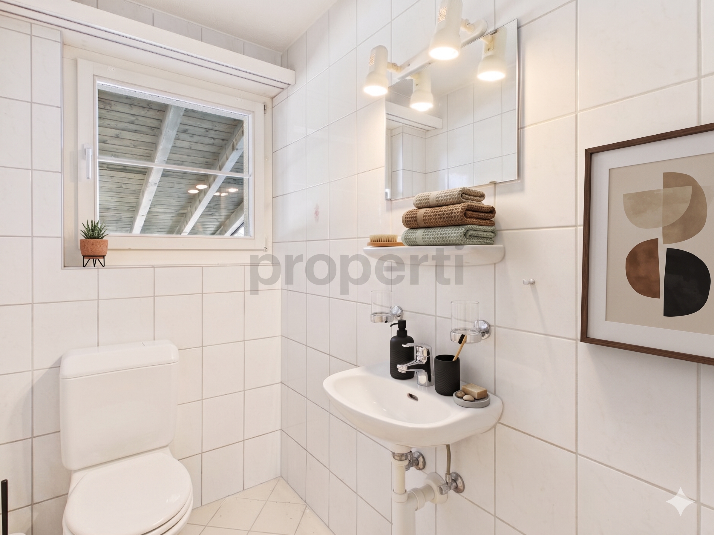 Helles, kleines Badezimmer mit WC und Handwaschbecken
