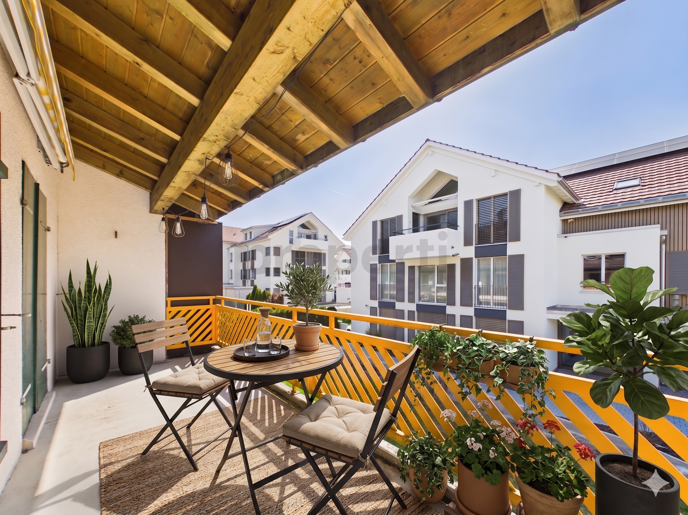 Balkon mit Sitzgruppe und Pflanzen