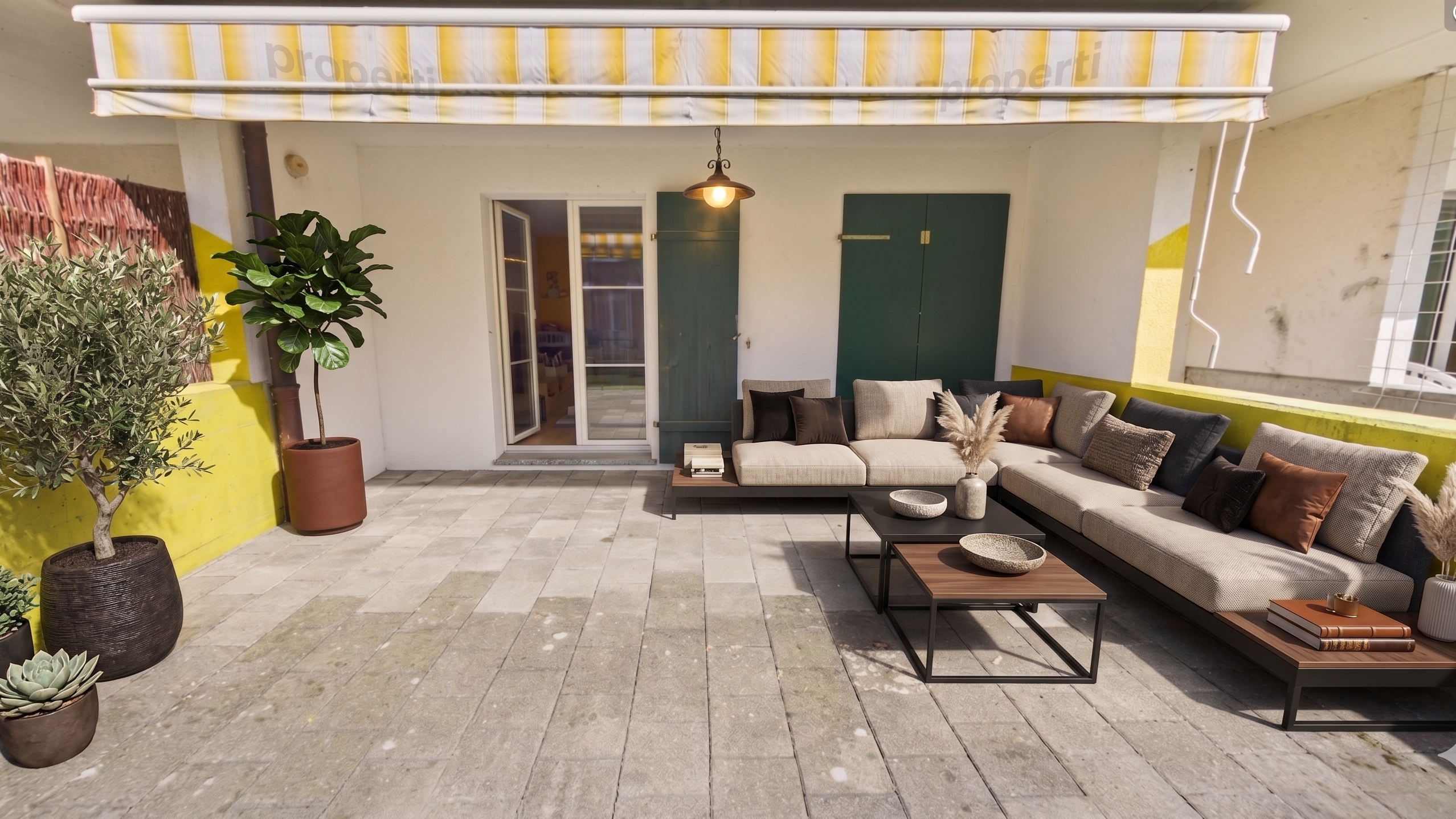 Überdachte Terrasse mit Lounge-Möbeln