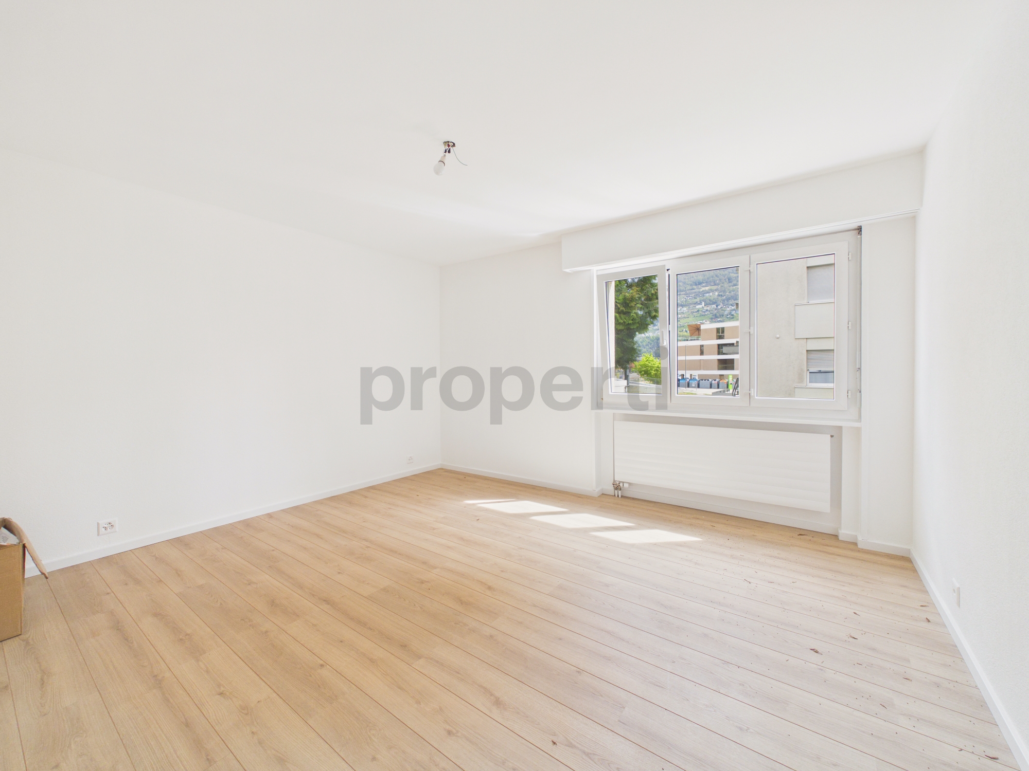 Helles, leerstehendes Zimmer mit Parkett und großem Fenster
