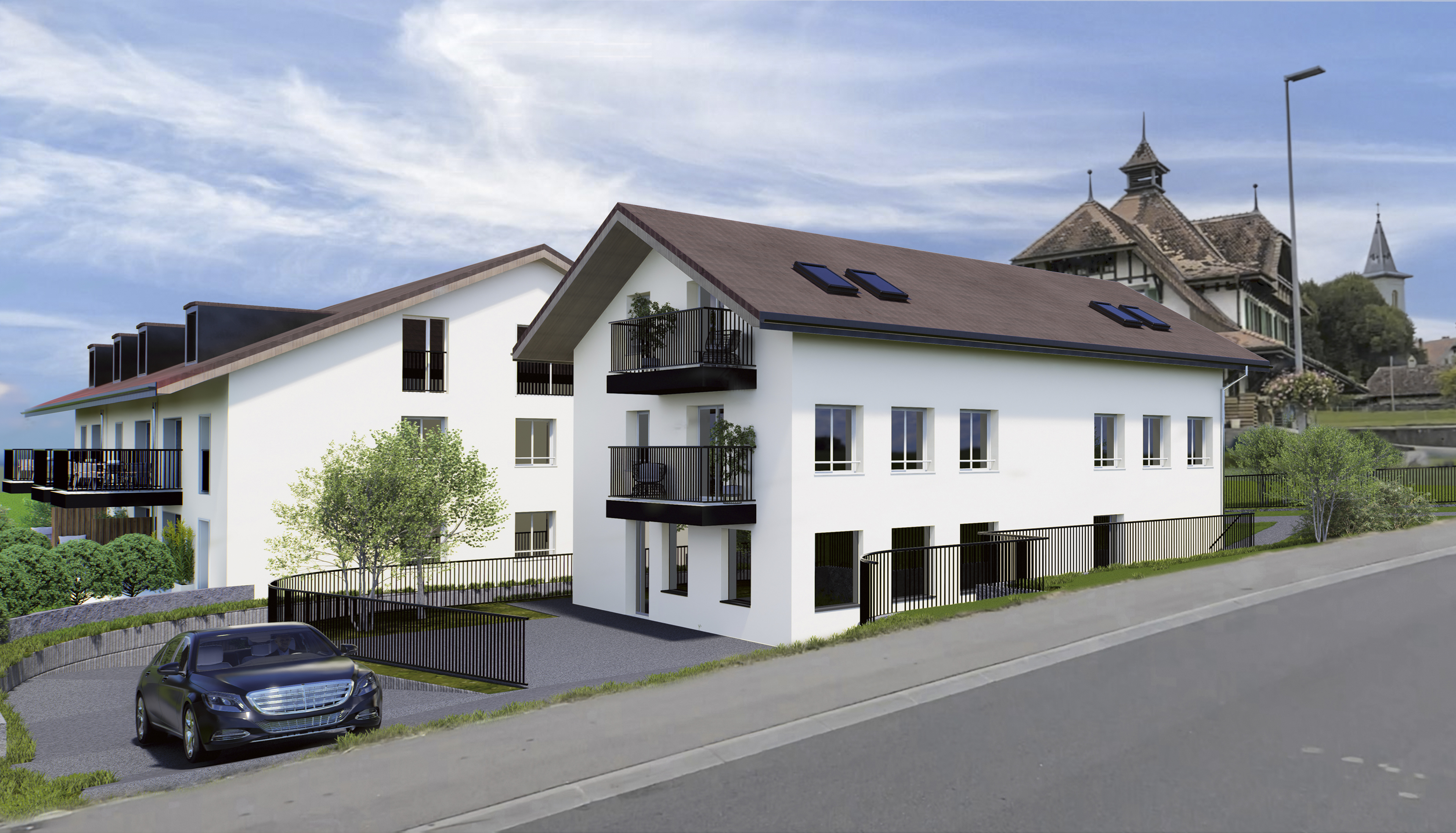 Moderne Wohnanlage mit Satteldach und Balkonen