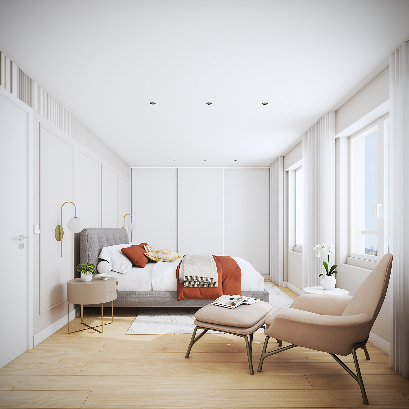 Helles, minimalistisches Schlafzimmer mit Lounge-Bereich
