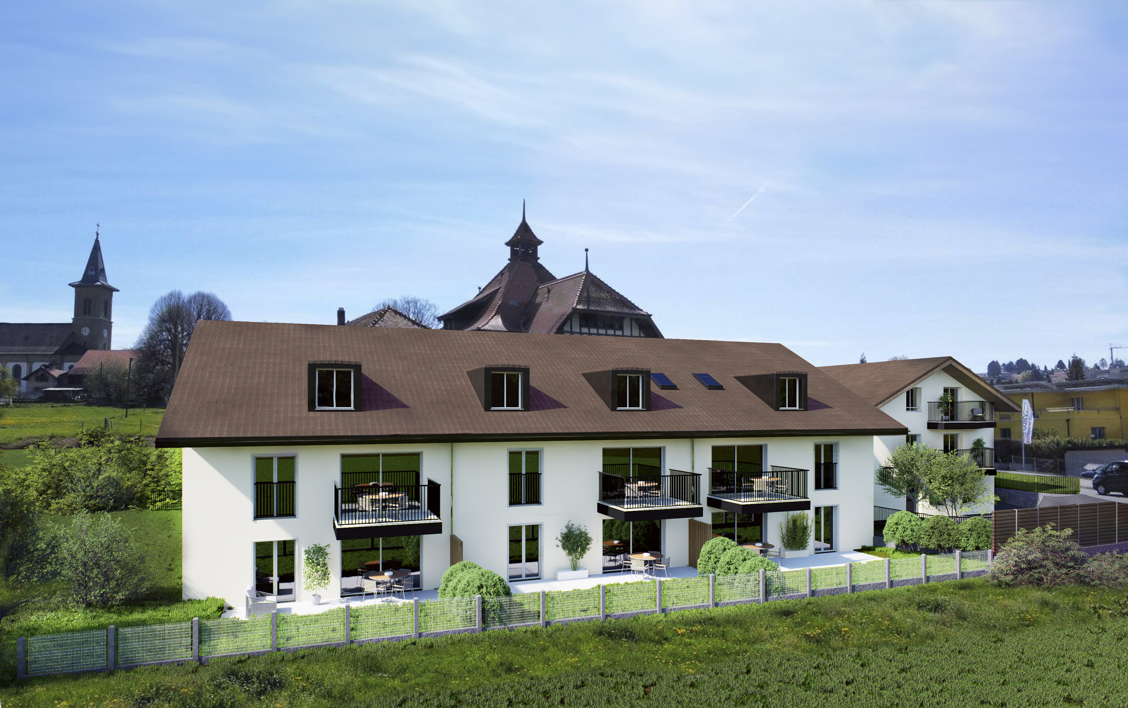 Mehrfamilienhaus mit Balkon und Gartenansicht