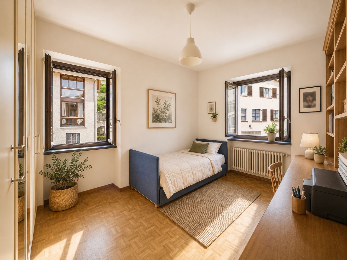 Helles Schlafzimmer mit zwei Fenstern