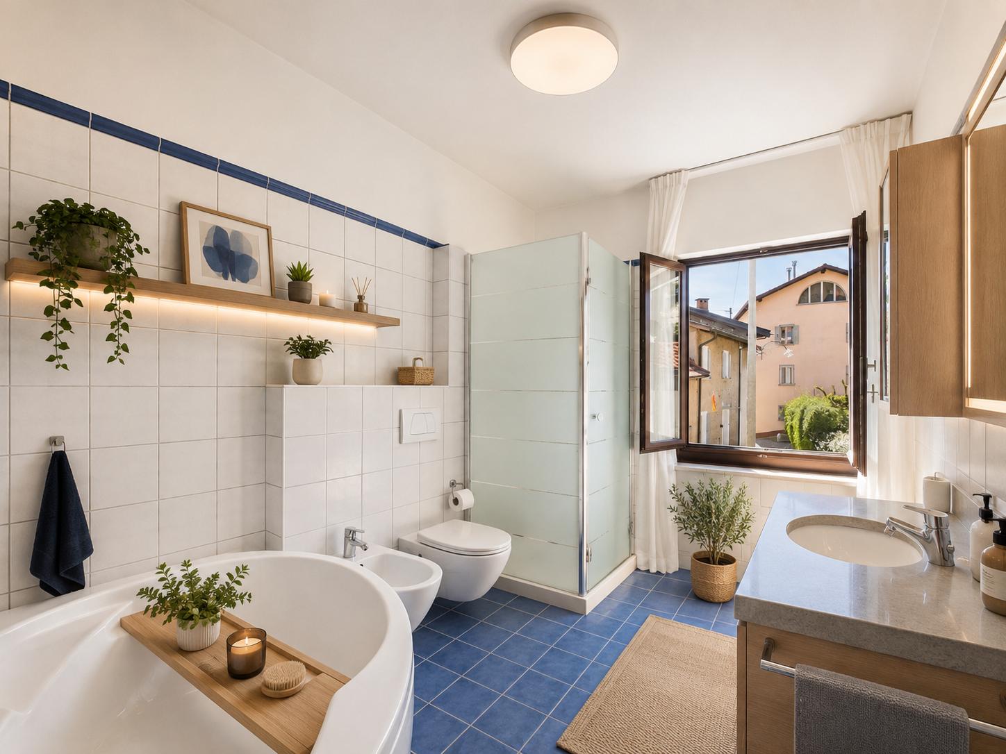 Helles, modernes Badezimmer mit Badewanne und Fenster