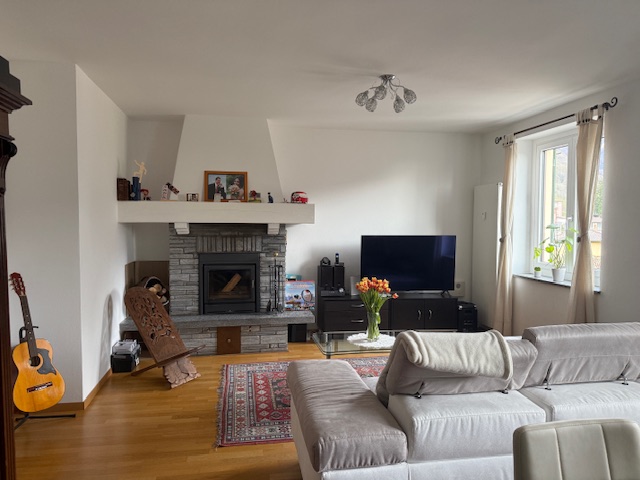 Wohnzimmer mit Kamin und Sofa