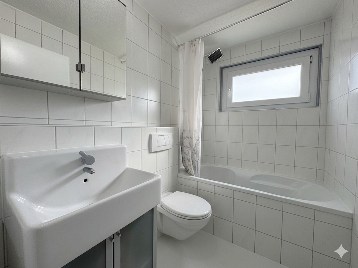 Kleines weiß gefliestes Badezimmer mit Badewanne und Waschbecken