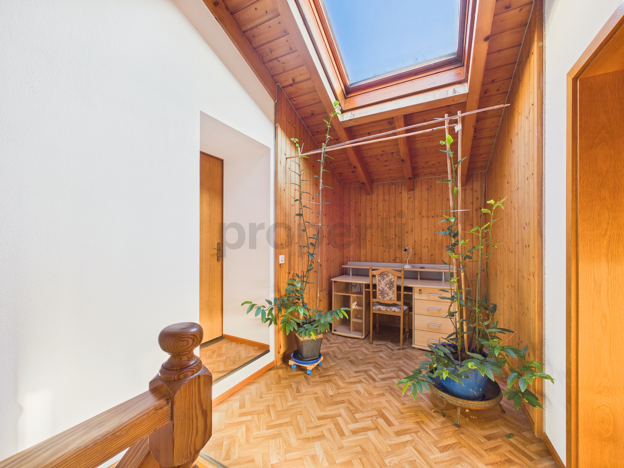 Heller Flur mit Dachfenster und Holzverkleidung