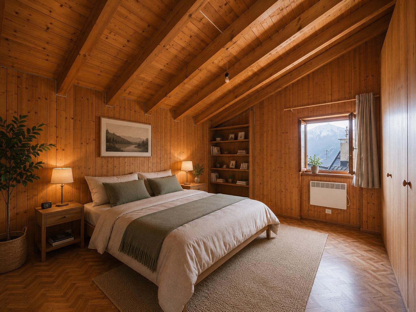 Gemütliches Schlafzimmer im Holzstil mit Bergblick
