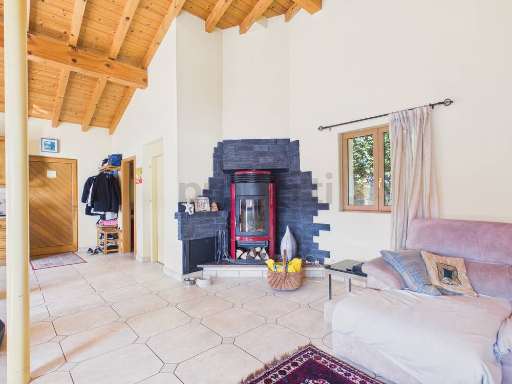 Wohnbereich mit Kamin und sichtbarer Holzbalkendecke