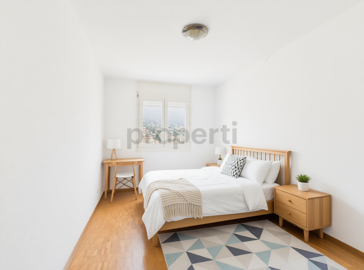 Helles Schlafzimmer mit Holzmöbeln