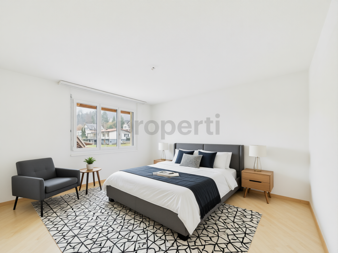 Helles Schlafzimmer mit moderner, reduzierter Möblierung
