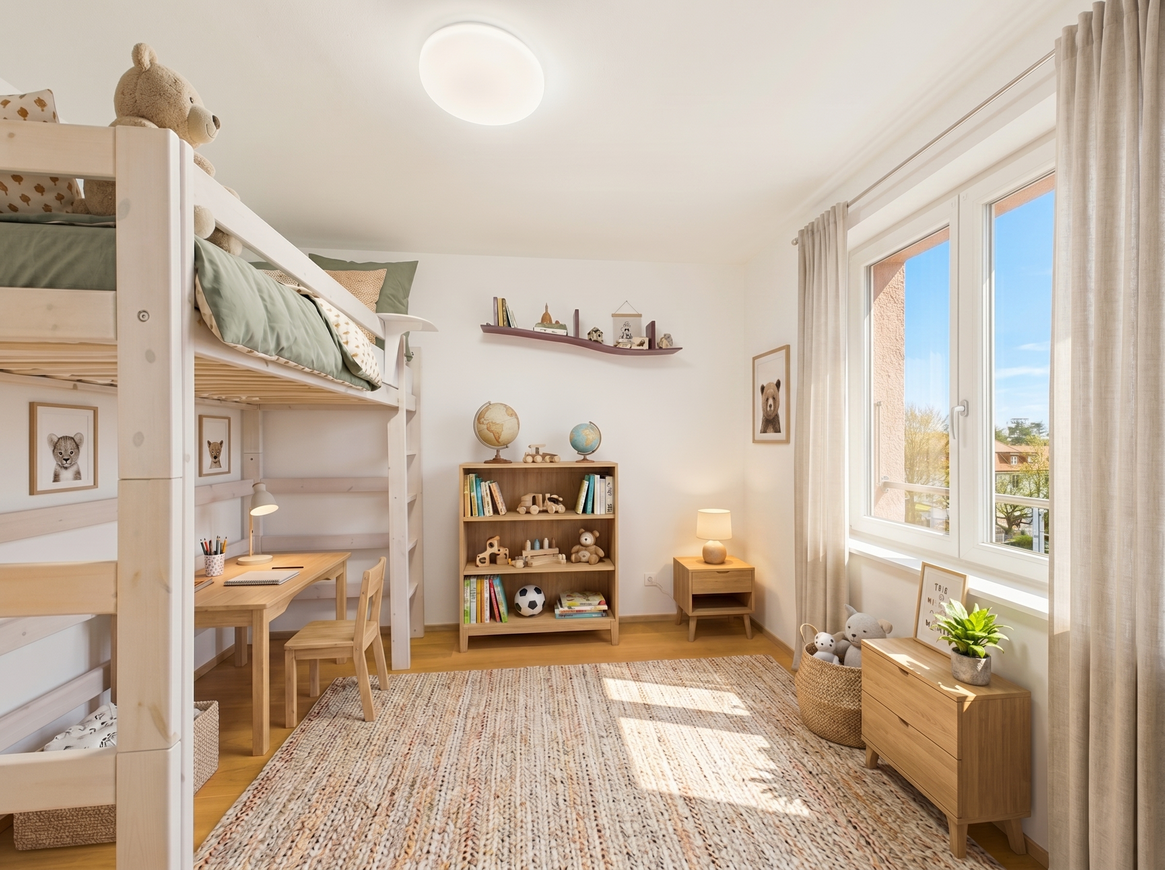 Helles Kinderzimmer mit Hochbett und Arbeitsbereich