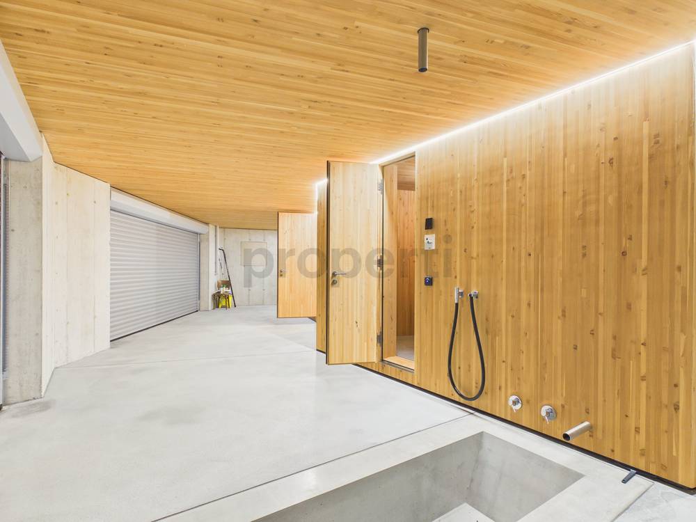 Moderner Innenraum mit Holzverkleidung und Betonboden