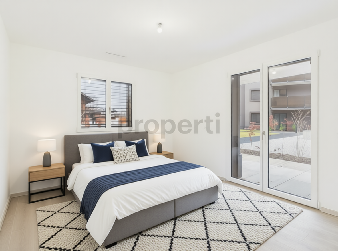 Helles Schlafzimmer mit Blick ins Freie