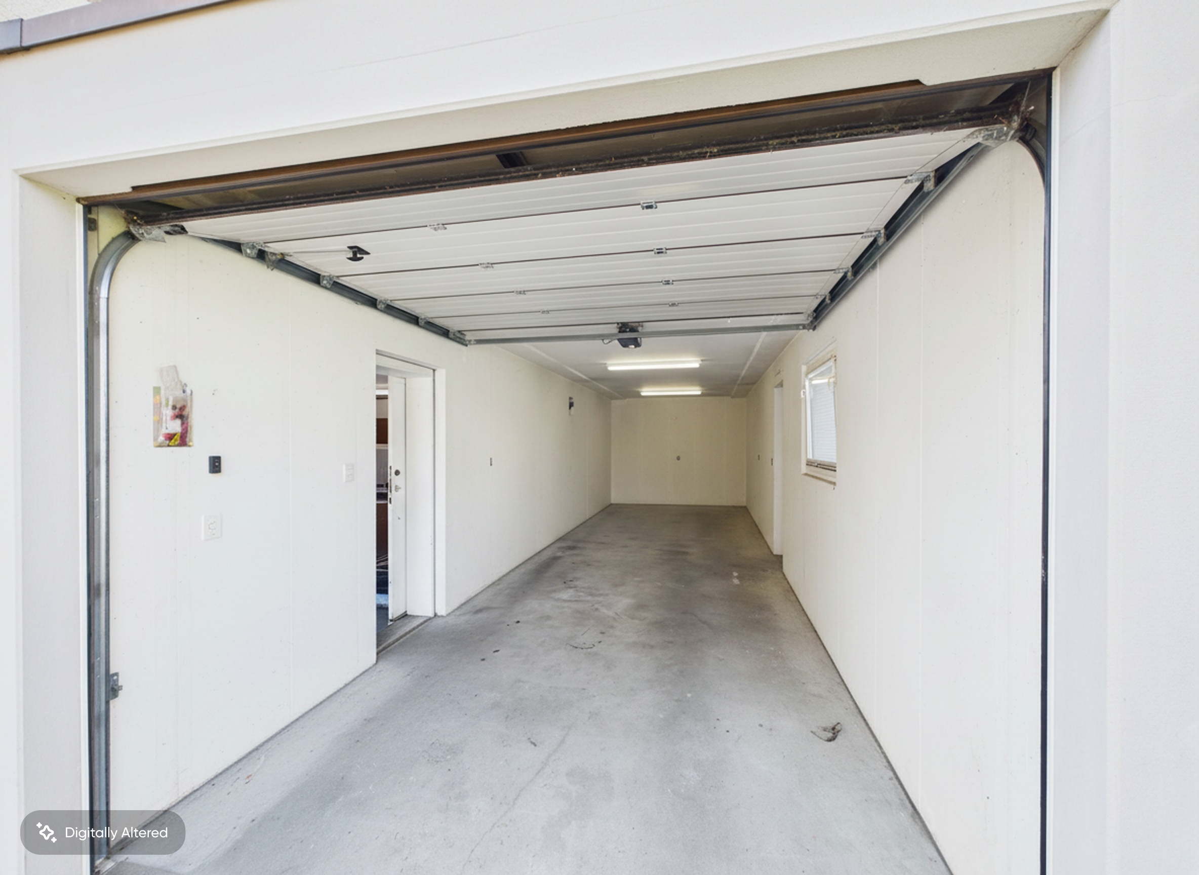 Garage mit offenem Tor und langem Innenraum