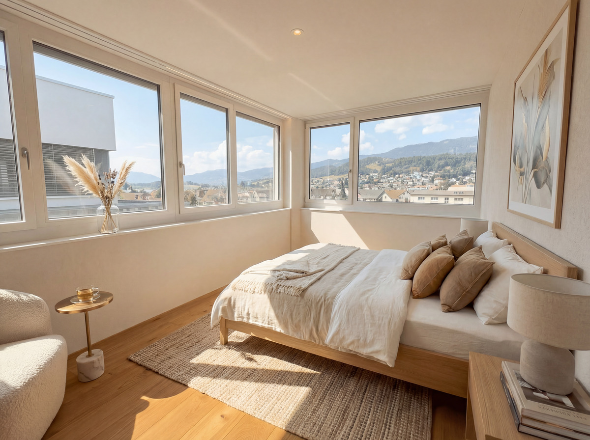 Helles Schlafzimmer mit Panoramafenstern