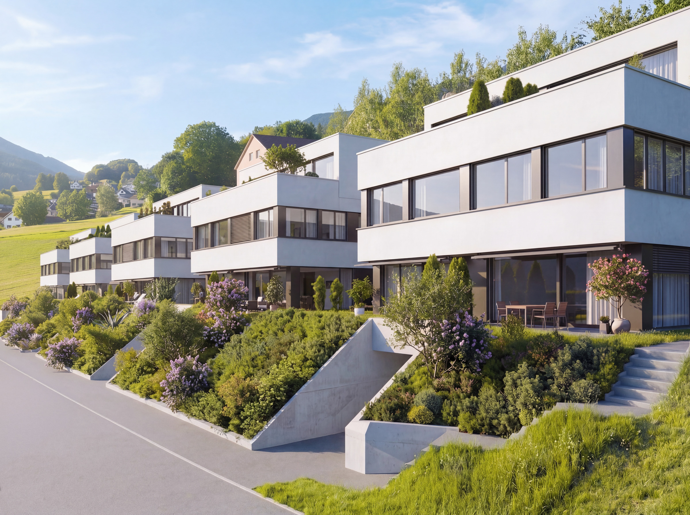 Moderne Wohnsiedlung in Hanglage