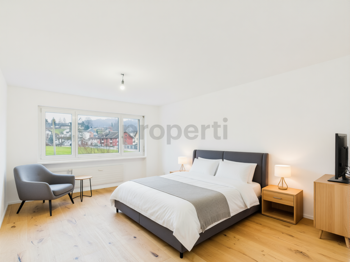 Helles Schlafzimmer mit großem Fenster und minimalistischer Einrichtung