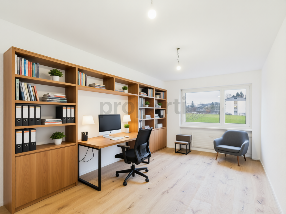 Helles Homeoffice mit Holzregalen und Schreibtisch