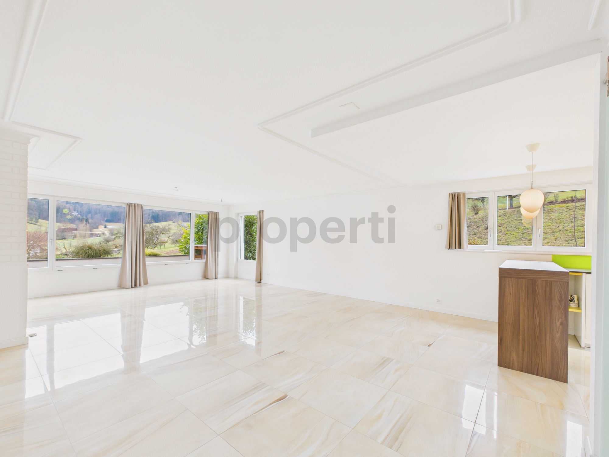 Großer heller Wohnraum mit Panoramafenstern