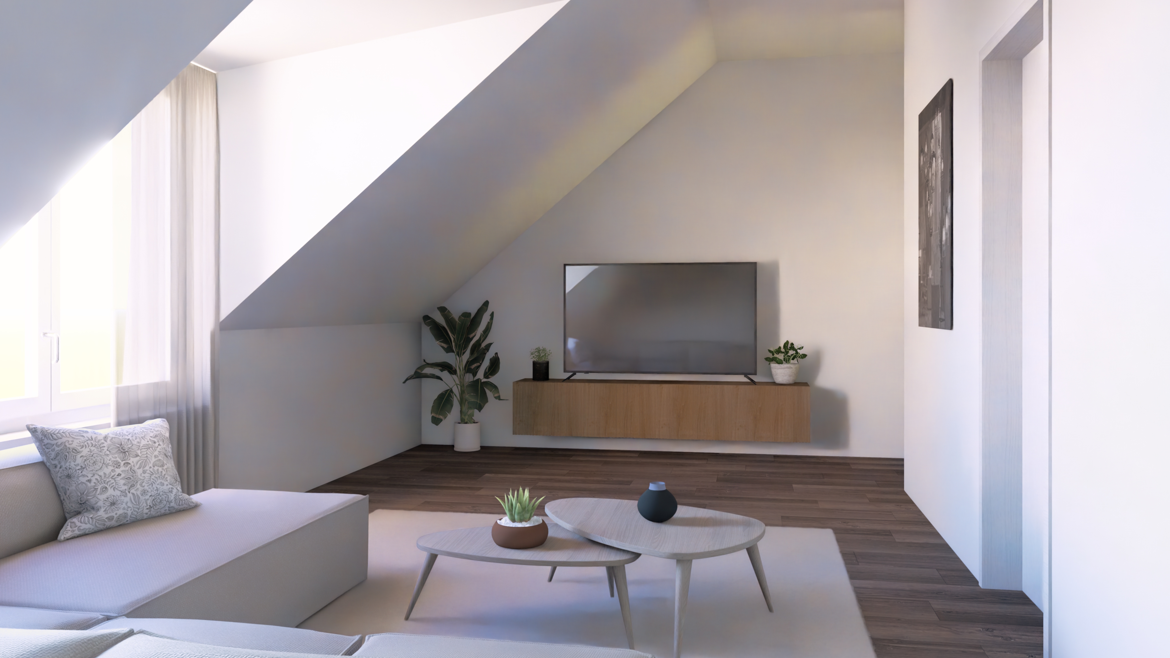 Helles Dachgeschoss-Wohnzimmer mit TV-Wand