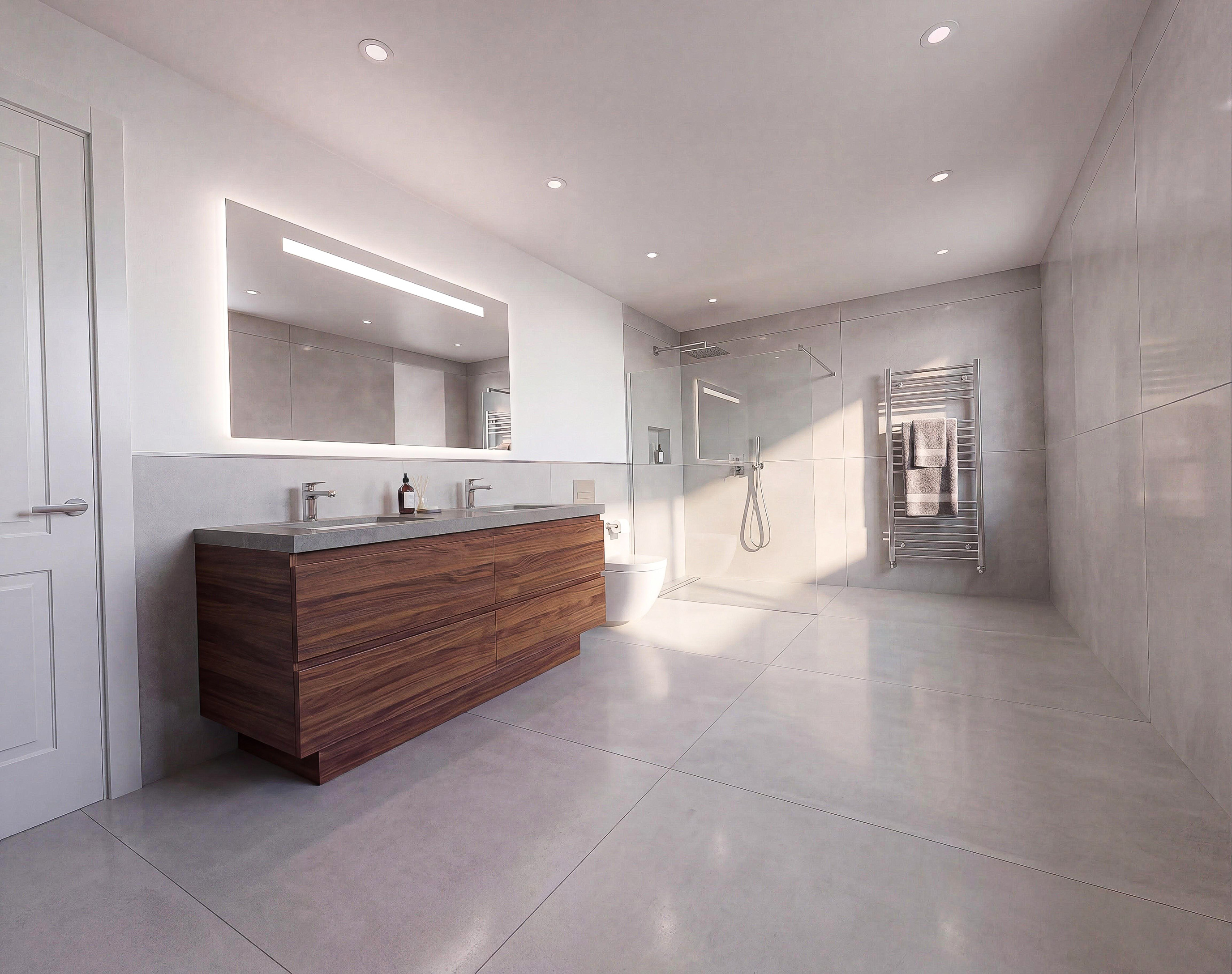 Modernes Badezimmer mit Walk-in-Dusche und Holz-Waschtisch