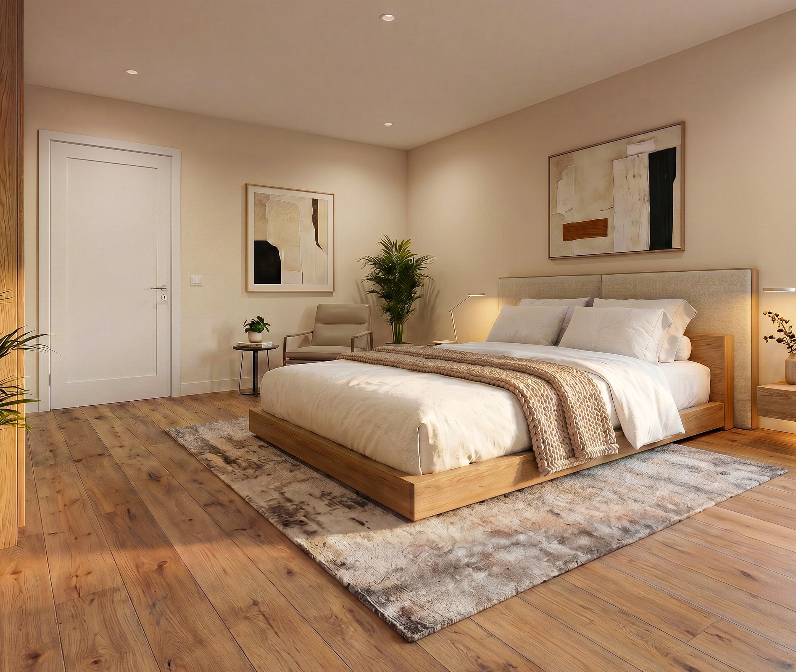 Helles, minimalistisches Schlafzimmer mit Holzfußboden