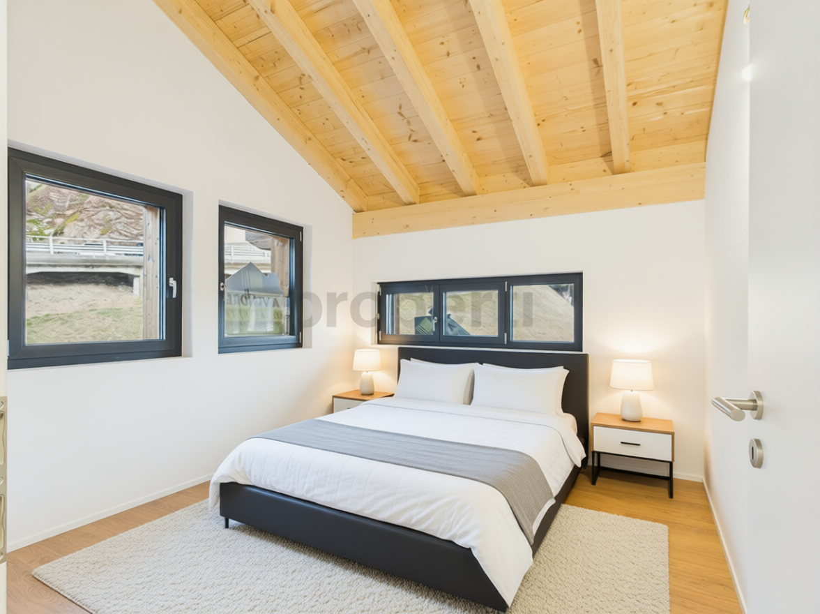 Helles Schlafzimmer mit Holzdecke