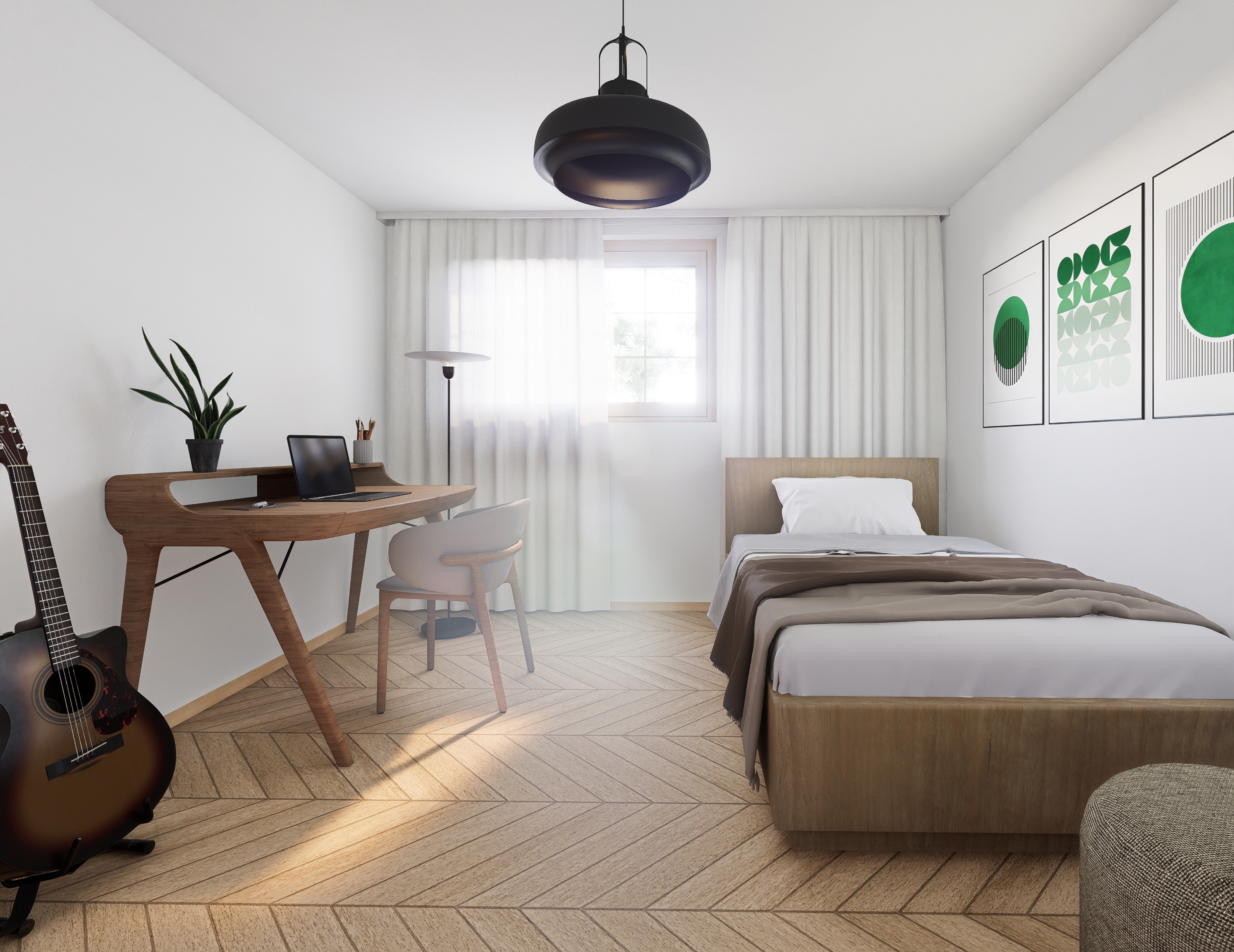 Helles, minimalistisches Schlafzimmer mit Arbeitsbereich
