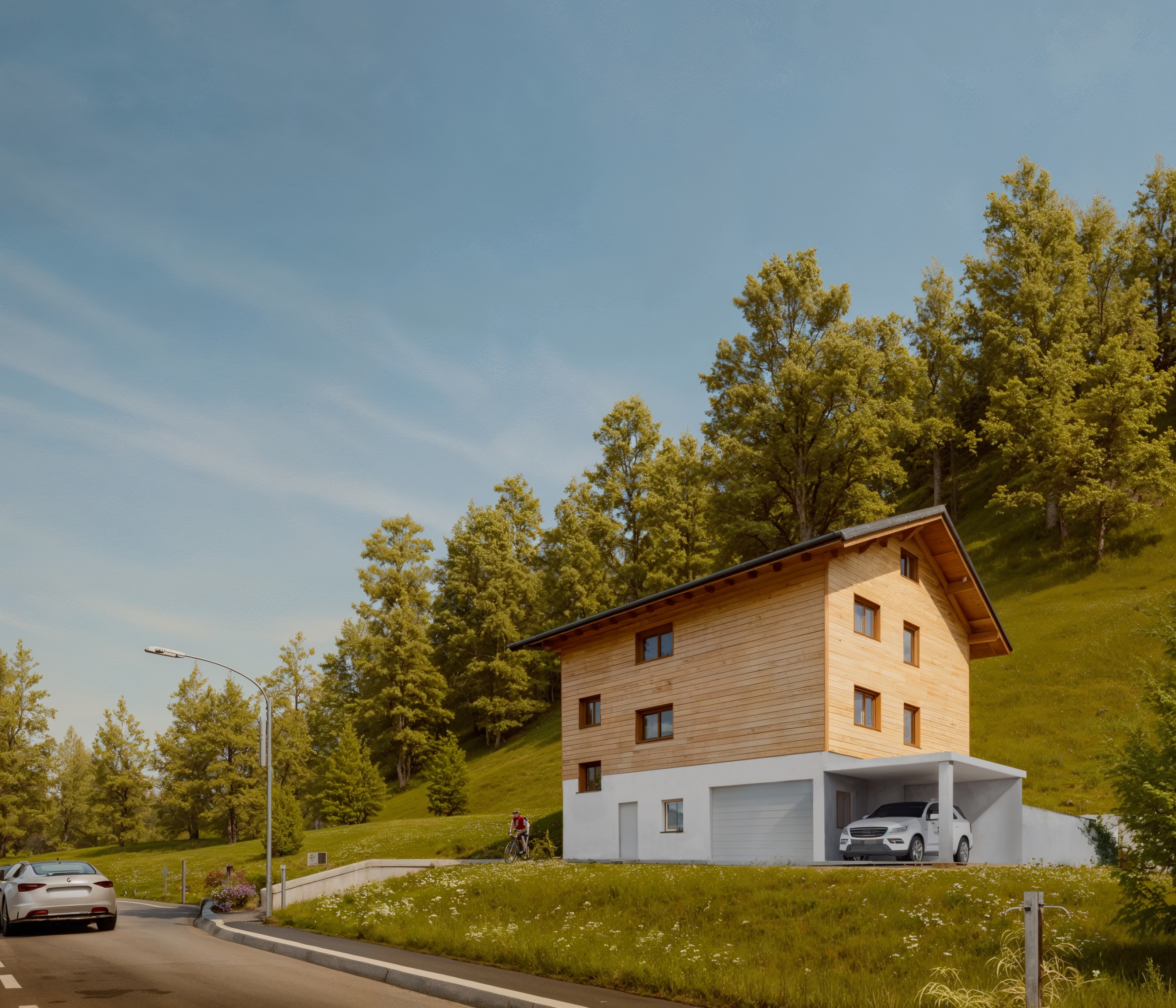 Holzhaus am Hang mit Carport