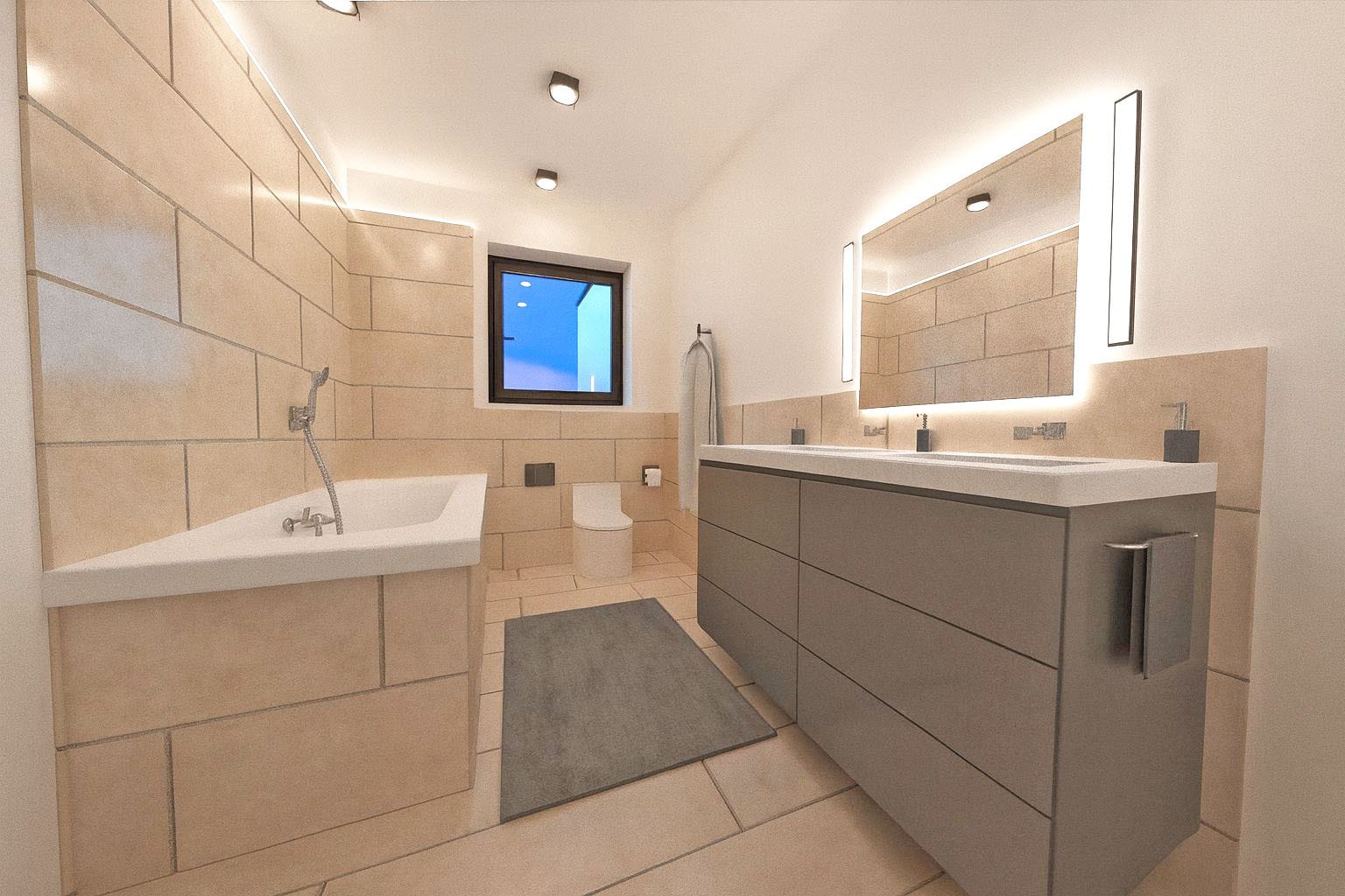 Modernes Badezimmer mit Doppelwaschtisch und Badewanne