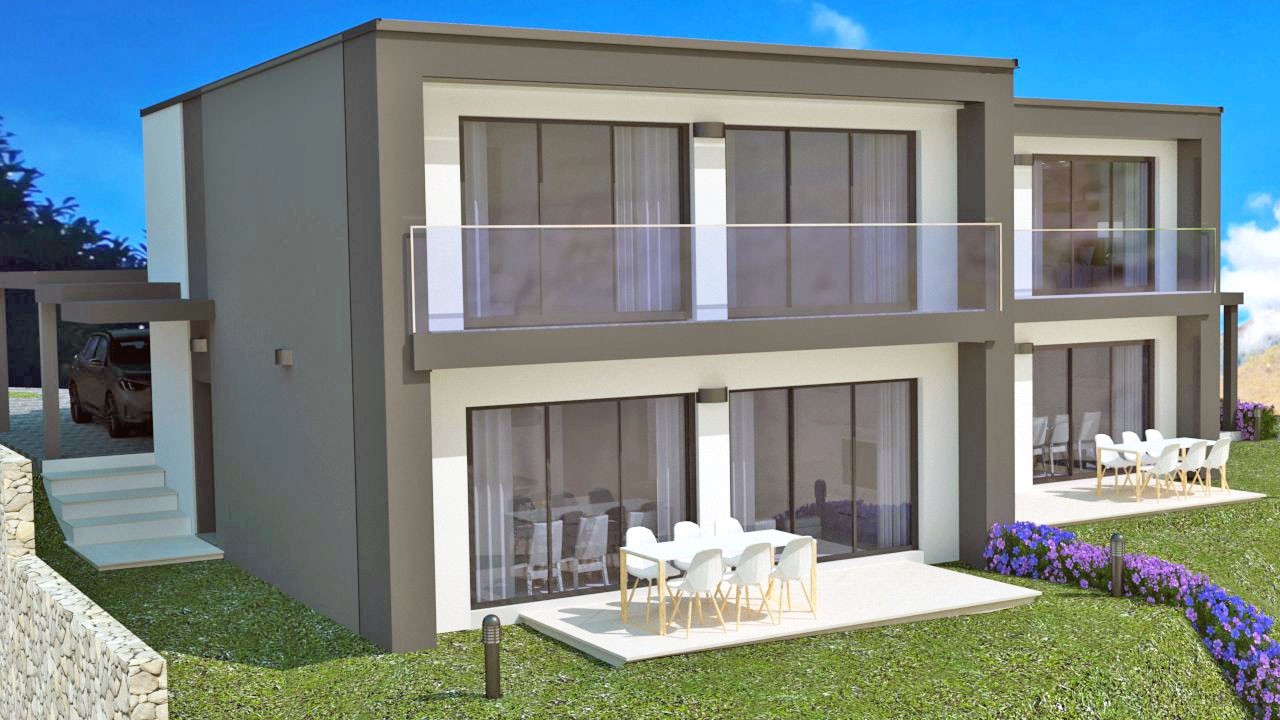 Moderne Außenansicht eines zweigeschossigen Hauses mit Terrassen
