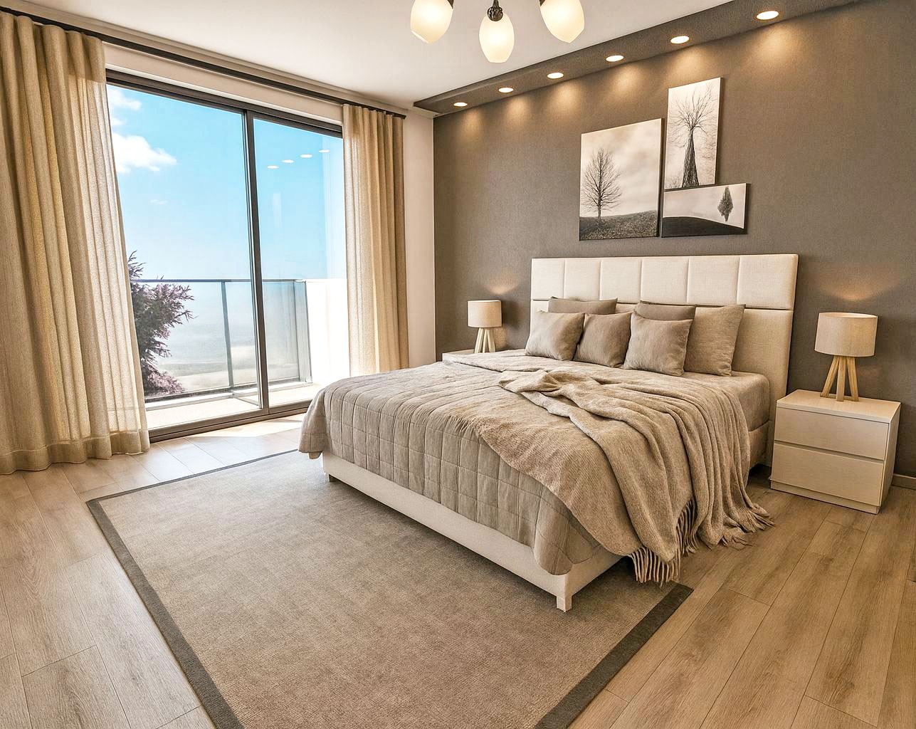 Modernes Schlafzimmer mit Balkonblick
