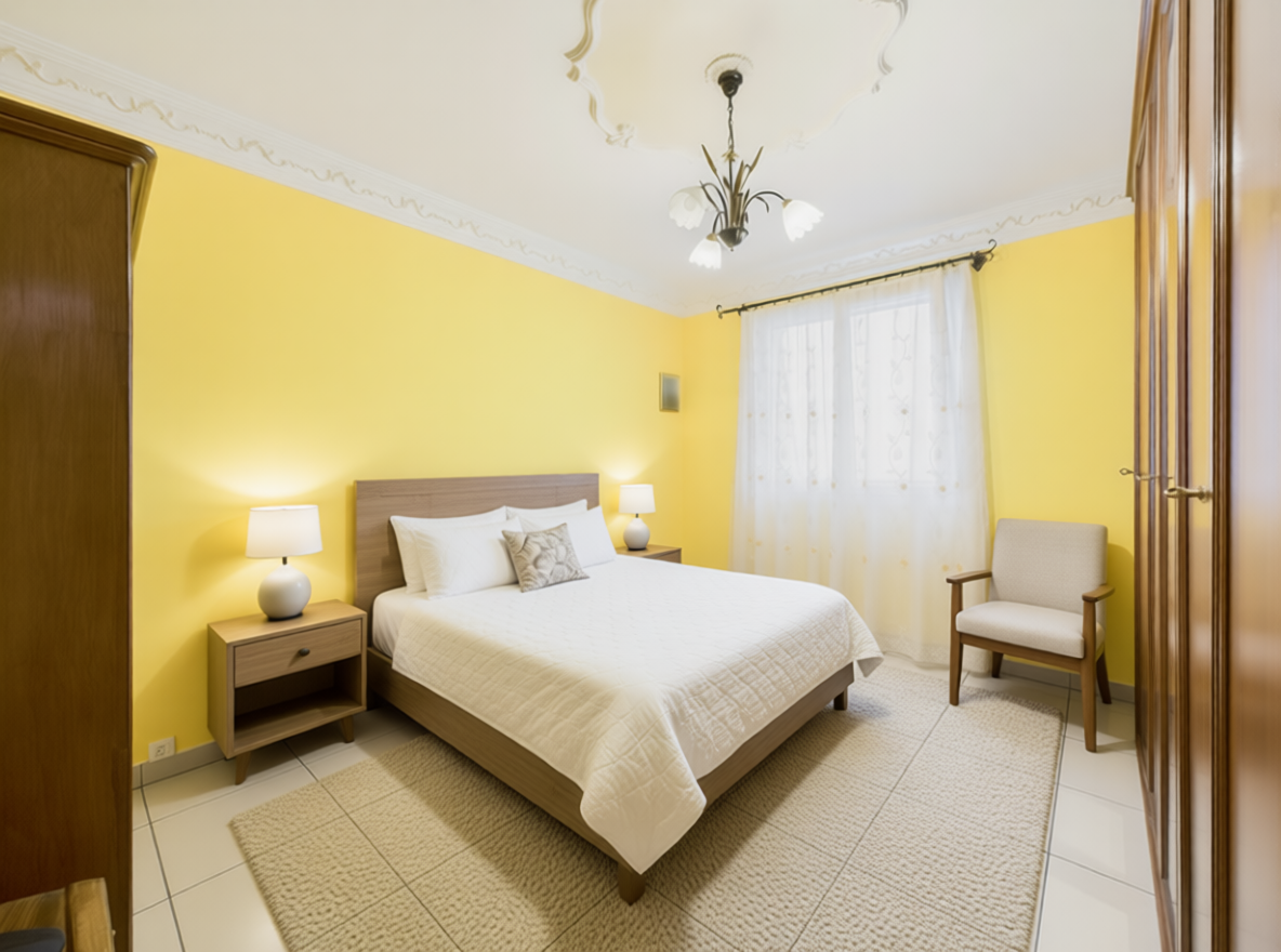 Helles Schlafzimmer mit gelben Wänden